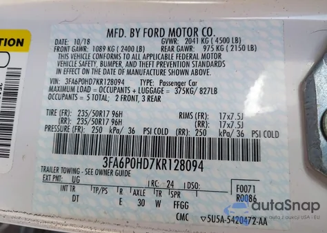 2019 Ford Fusion Se from USA, damaged, VIN 3FA6P0HD7KR128094